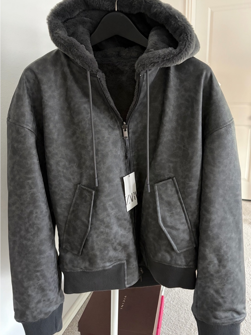 ZARA REVERSIBLE LEATHER BOMBER JACKET GRAY LARGE - Picture 6 of 14